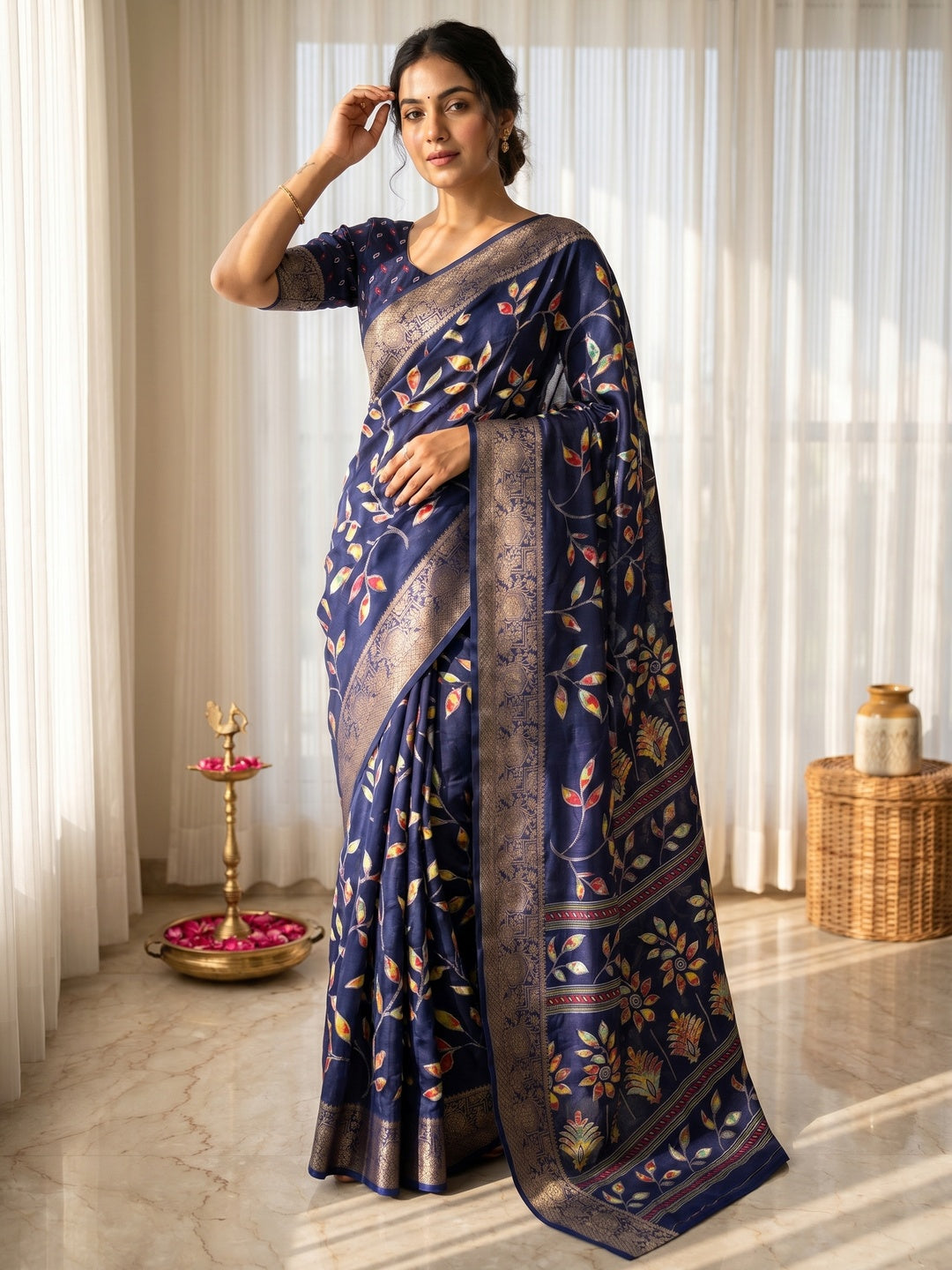 Navy Blue Dola Silk Saree with Floral Print and Jacquard Border - Image 1