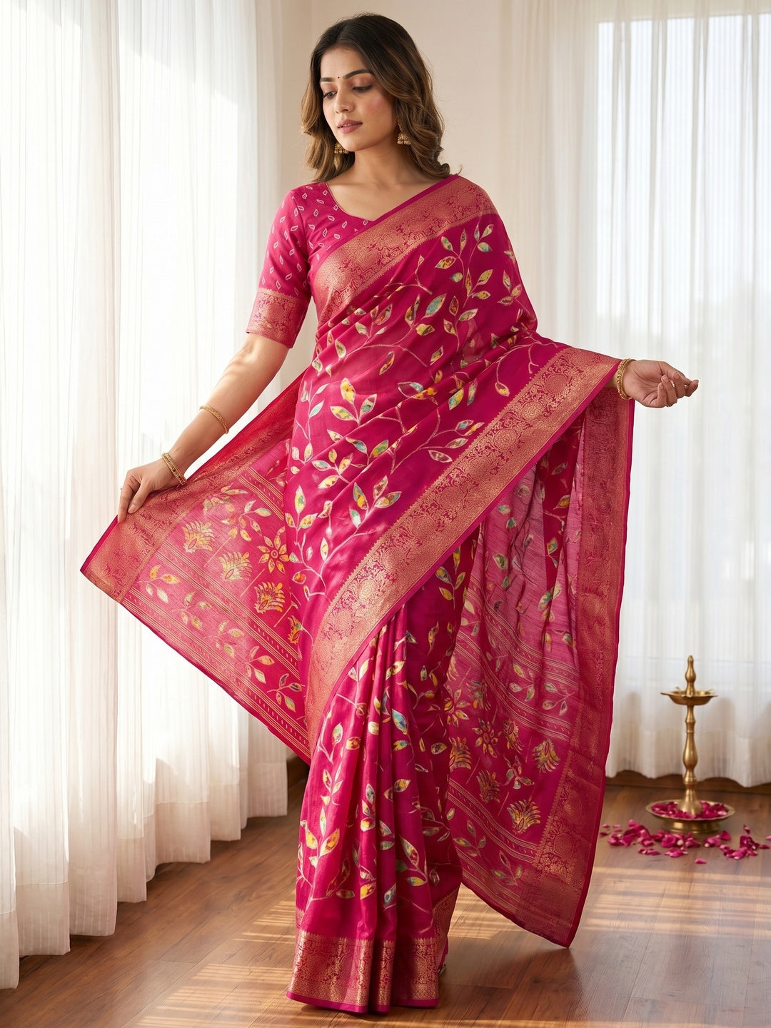 Elegant Pink Dola Silk Saree with Fancy Print and Zari Border - Image 1