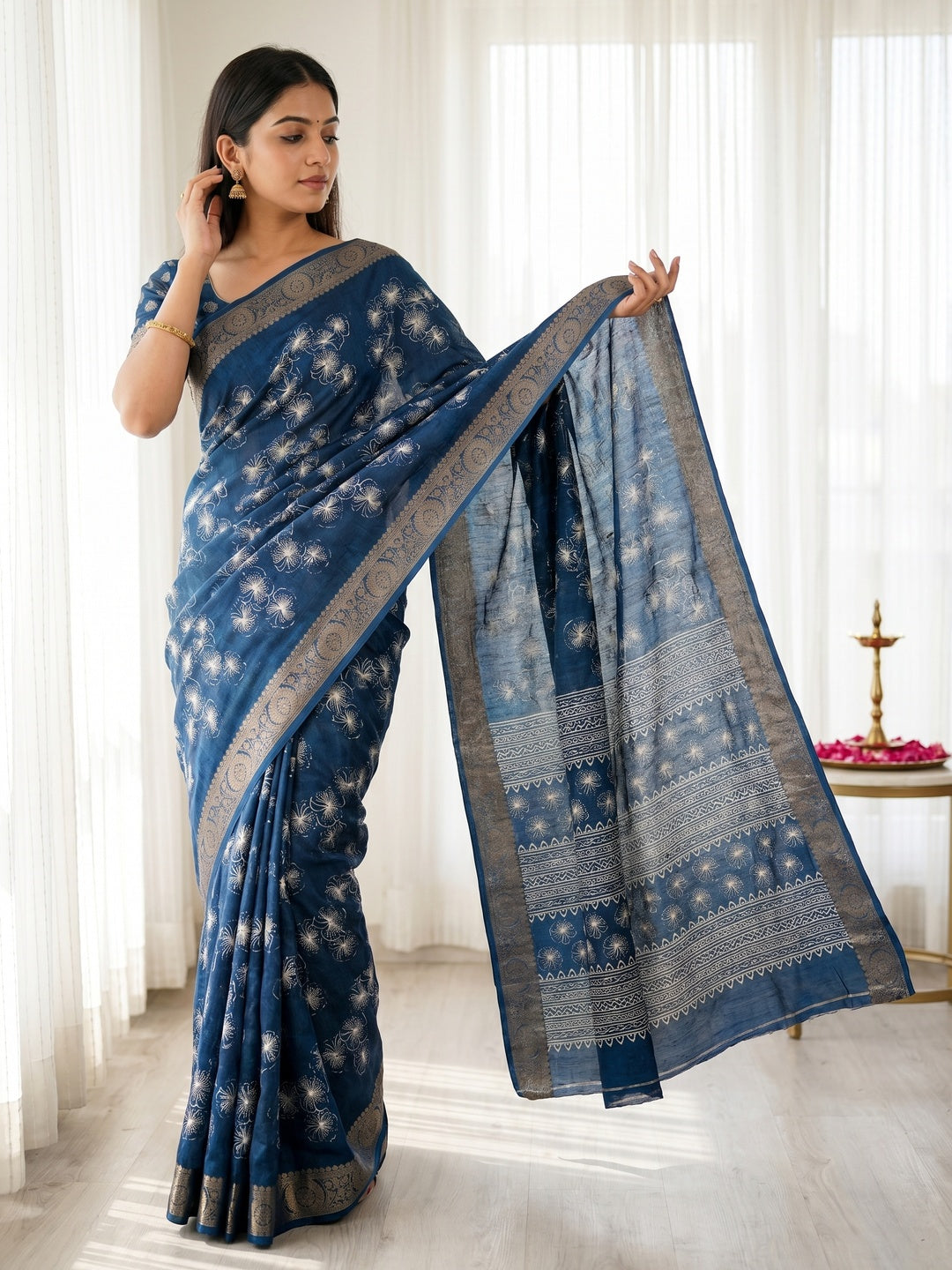 Elegant Blue Dola Silk Saree with Floral Digital Print and Zari Border - Image 1