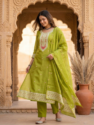 Luxurious Green Traditional Floral Weaving Jamdani Chanderi Cotton Dress Material - Image 1
