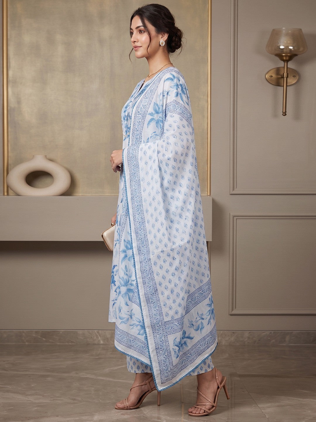 White Cotton Salwar Suit Set with Floral Printed Design Relaxed Fit Outfit - Image 2