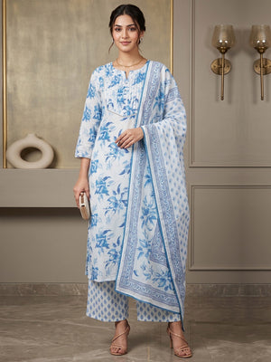 White Cotton Salwar Suit Set with Floral Printed Design Relaxed Fit Outfit - Image 1