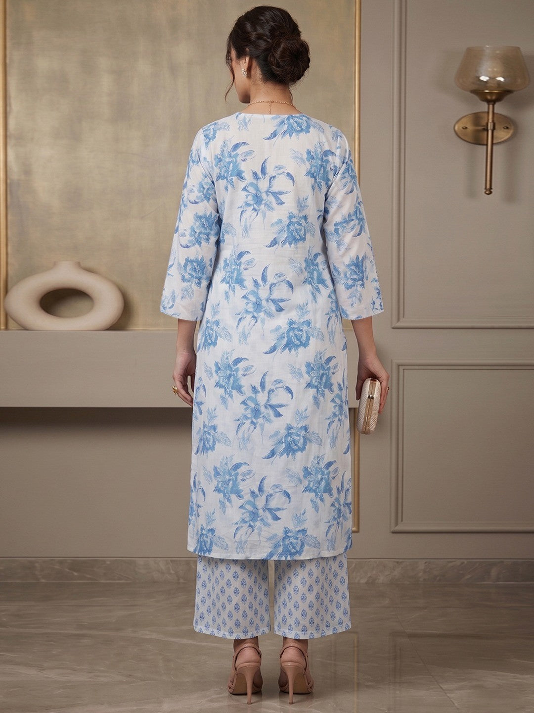 White Cotton Salwar Suit Set with Floral Printed Design Relaxed Fit Outfit - Image 3
