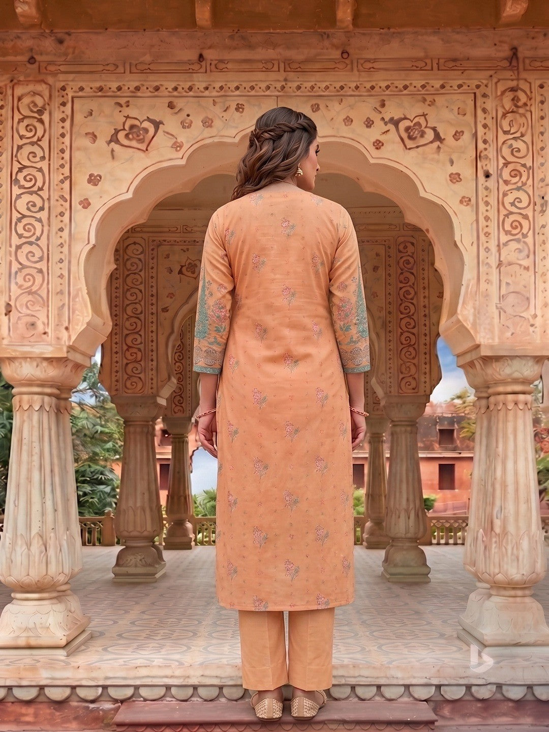 Orange Cotton Blend Kurta Set with Floral Print and Dupatta Relaxed Fit Style - Image 3