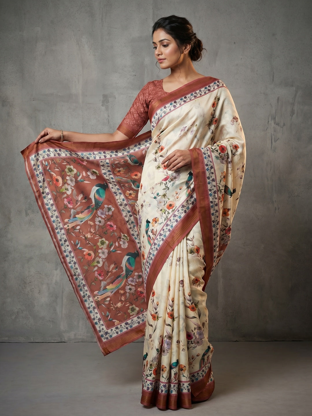 Elegant Offwhite & Brown Dola Silk Saree with Floral & Digital Print - Image 1