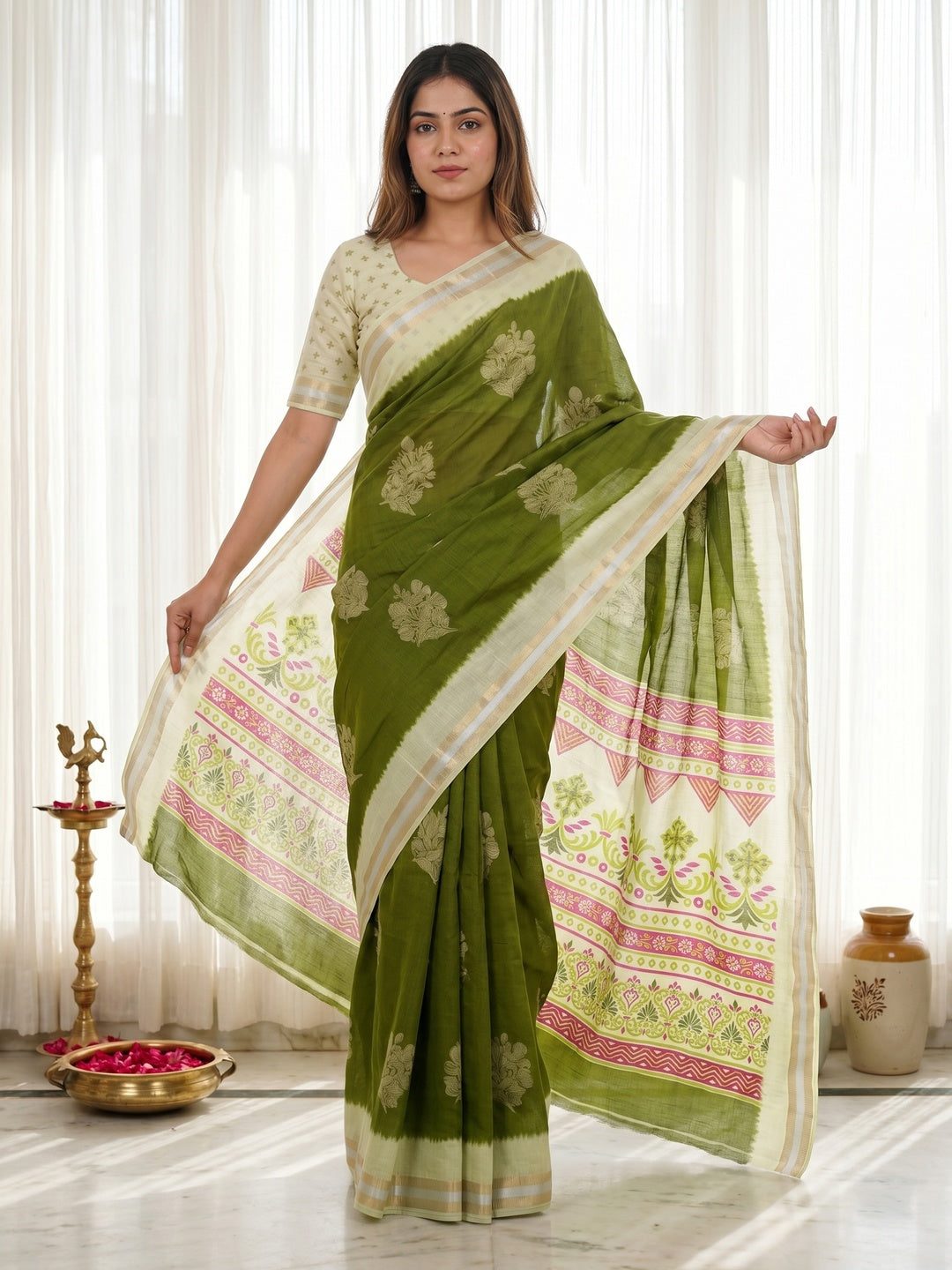 Elegant Green Pure Cotton Saree with Zari Border and Digital Print - Image 1