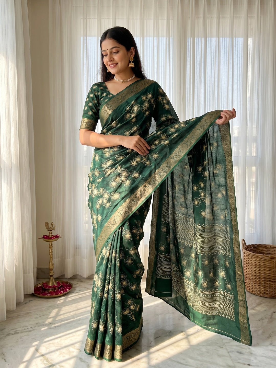 Elegant Green Dola Silk Saree with Digital Print and Zari Border - Image 1