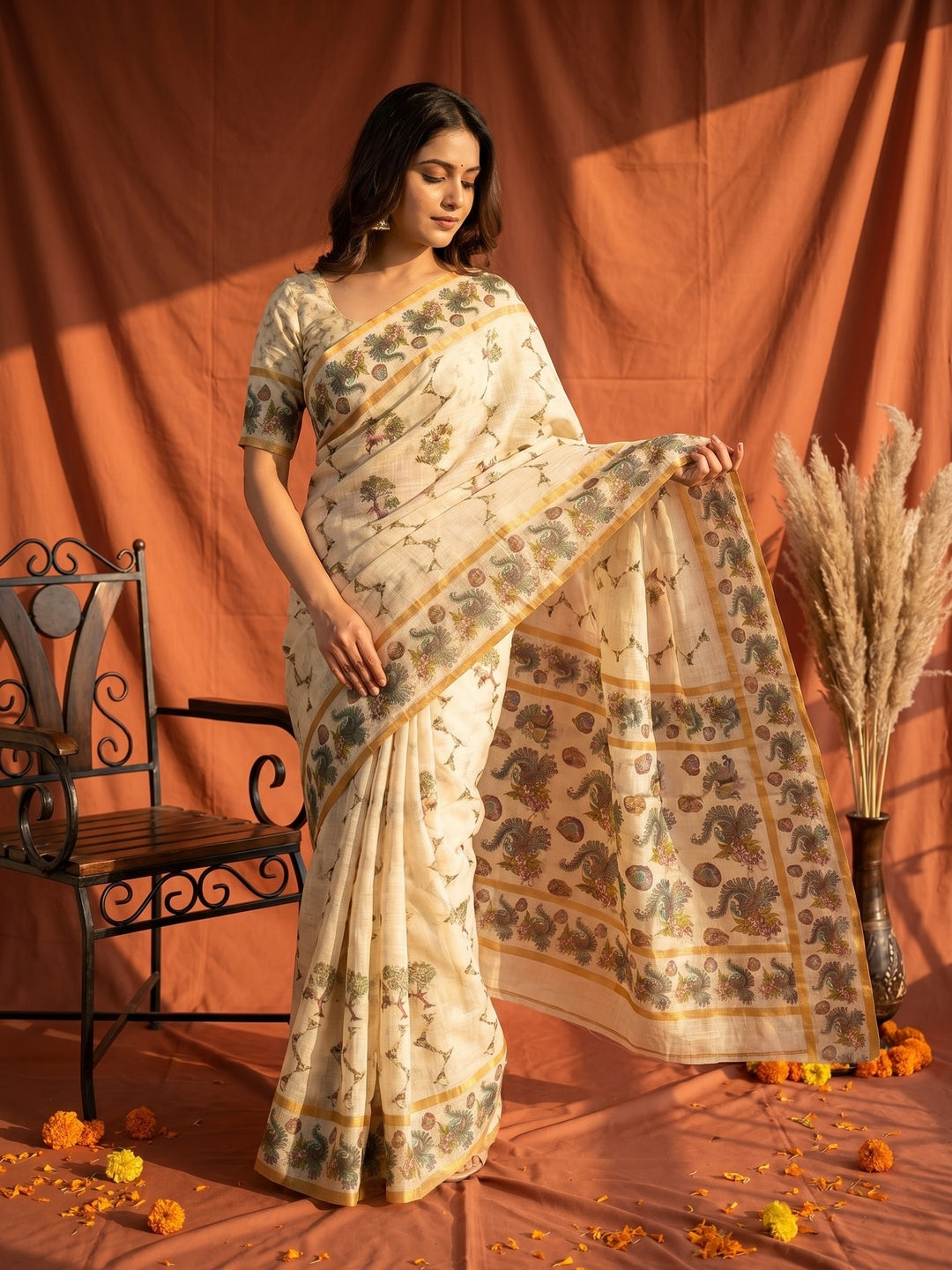Offwhite Cotton Silk Digital Print Saree with Zari Border - Image 1