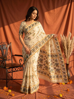 Offwhite Cotton Silk Digital Print Saree with Zari Border - Image 1