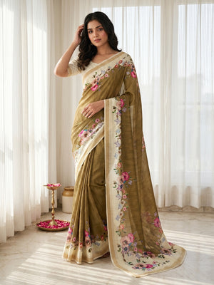Elegant Olive Dola Silk Saree with Floral Digital Print - Image 1