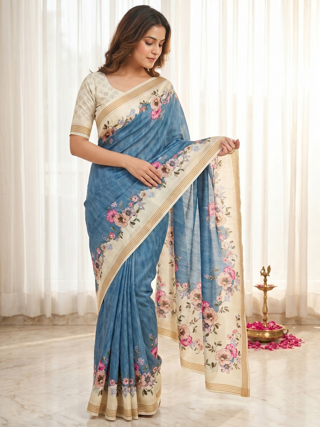 Elegant Blue Dola Silk Saree with Floral Digital Print and Zari Border - Image 1