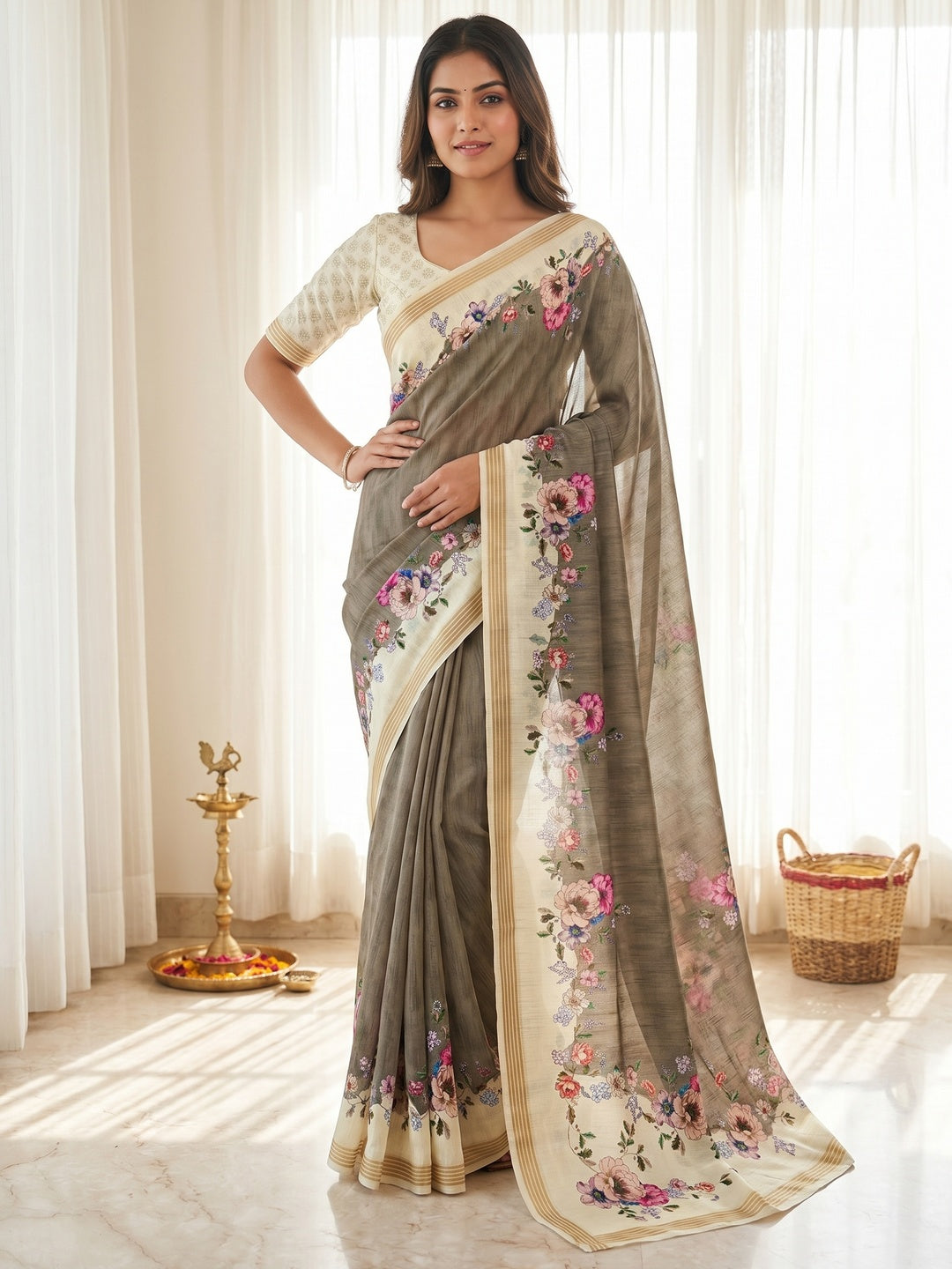 Grey Dola Silk Saree with Elegant Floral Digital Print - Image 1