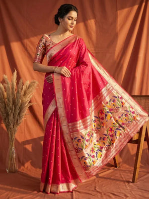 Graceful Pink Paithani Banarasi Silk Saree With Zari Woven Border & Floral Designer Pallu - Image 1