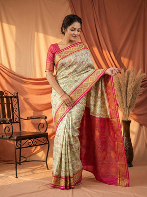 White Art Silk Weaving Patola Saree with Fancy Pallu and Blouse - Image 1