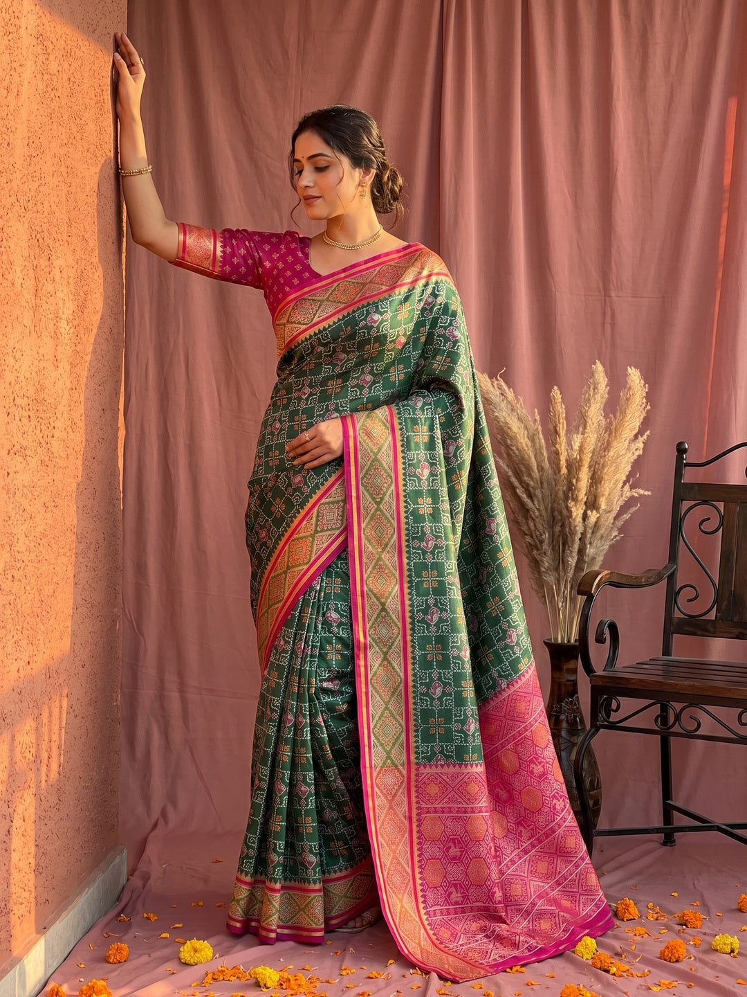 Elegant Green Art Silk Patola Weaving Saree with Fancy Pallu and Blouse - Image 1