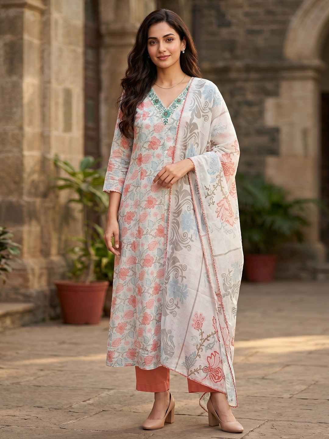 Offwhite Floral Printed Kota Doria A Line Salwar Suit Set Festive Ethnic Wear - Image 1
