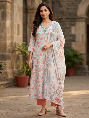 Offwhite Floral Printed Kota Doria A Line Salwar Suit Set Festive Ethnic Wear - Image 1