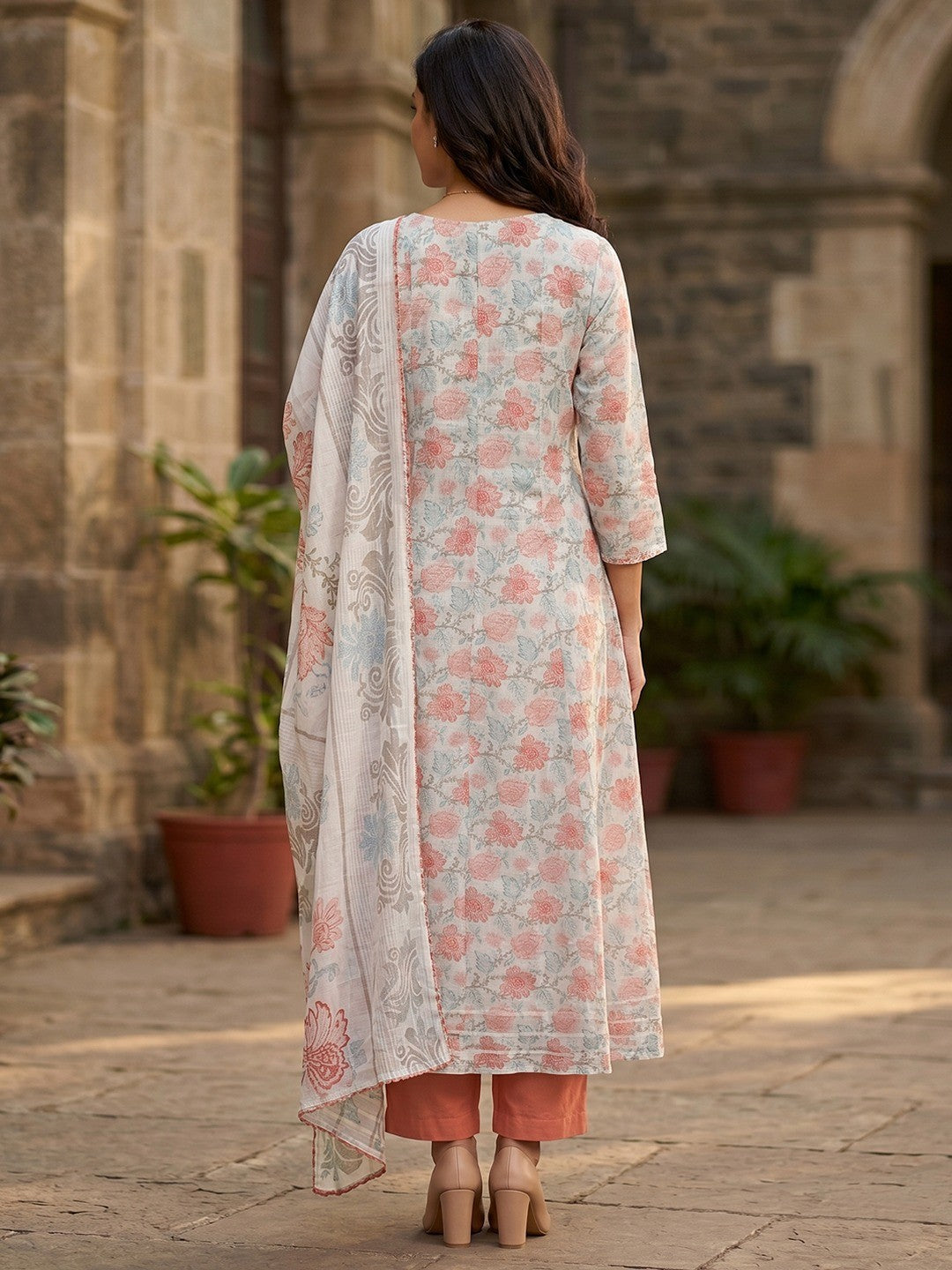 Offwhite Floral Printed Kota Doria A Line Salwar Suit Set Festive Ethnic Wear - Image 3