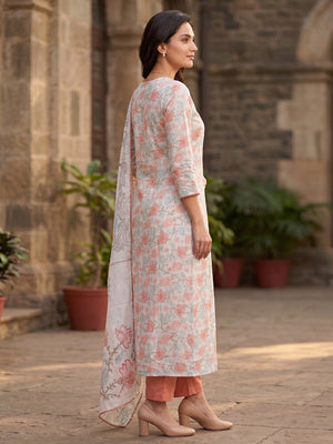 Offwhite Floral Printed Kota Doria A Line Salwar Suit Set Festive Ethnic Wear - Image 2