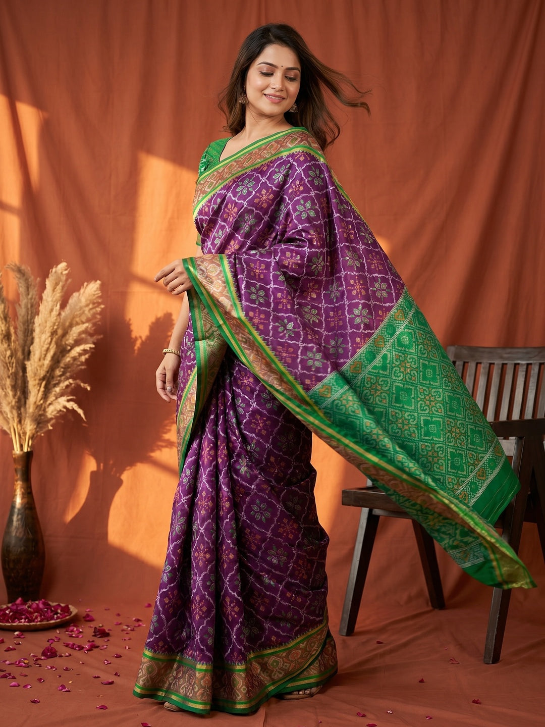 Wine Art Silk Patola Weaving Saree with Fancy Border and Matching Blouse - Image 1
