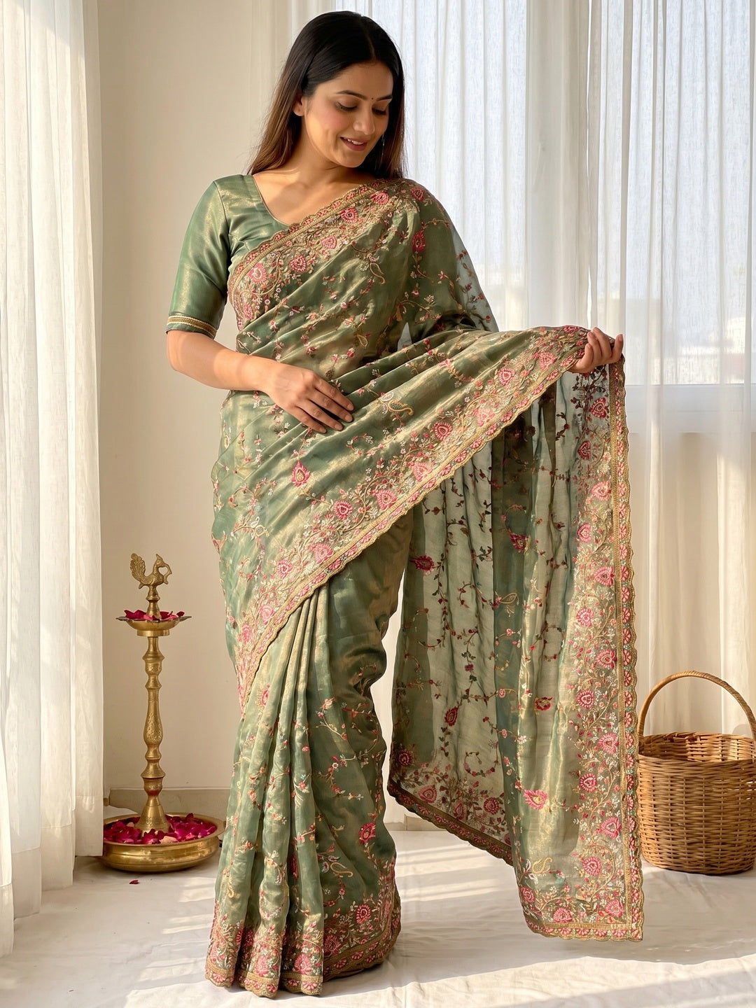 Elegant Sage Green Satin Kashmiri Work Saree with Intricate Floral Details - Image 1