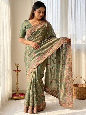 Elegant Sage Green Satin Kashmiri Work Saree with Intricate Floral Details - Image 1