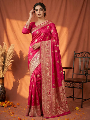 Elegant Pink Organza Satin Silk Saree with Zari Work - Image 1