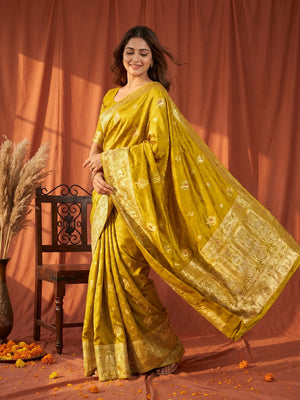 Elegant Olive Organza Satin Silk Zari Work Saree - Image 1