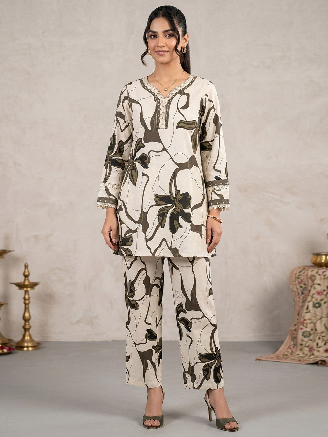 Beige and Green Floral Printed Pure Cotton Top Bottom Set Elegant Look - Image 1