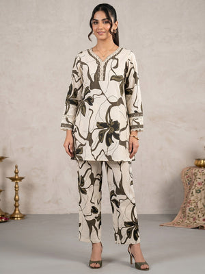 Beige and Green Floral Printed Pure Cotton Top Bottom Set Elegant Look - Image 1