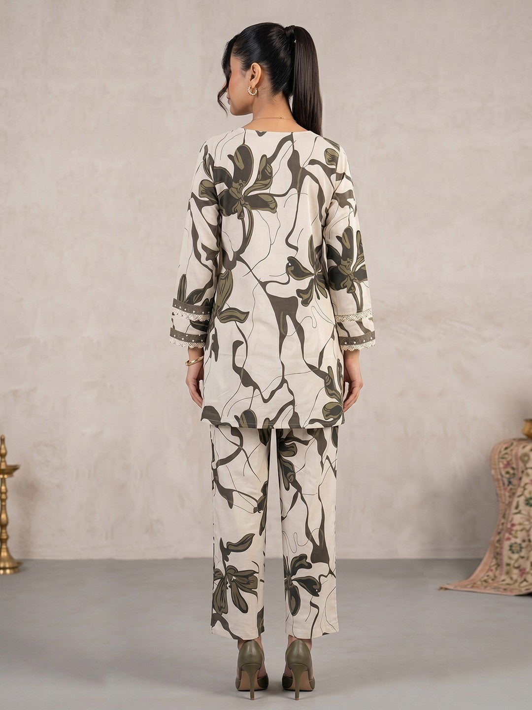 Beige and Green Floral Printed Pure Cotton Top Bottom Set Elegant Look - Image 3