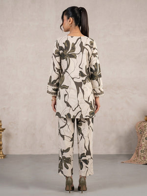 Beige and Green Floral Printed Pure Cotton Top Bottom Set Elegant Look - Image 2