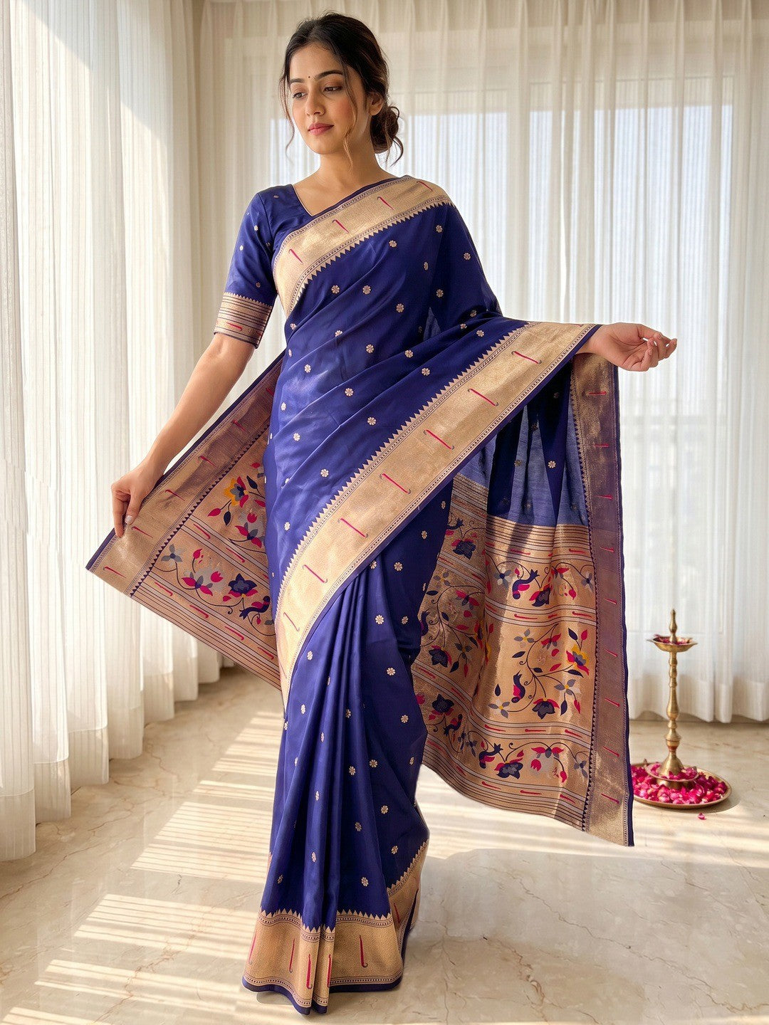 Navy Blue Floral Weaving Banarasi Silk Paithani Saree With Zari Border & Designer Pallu - Image 1