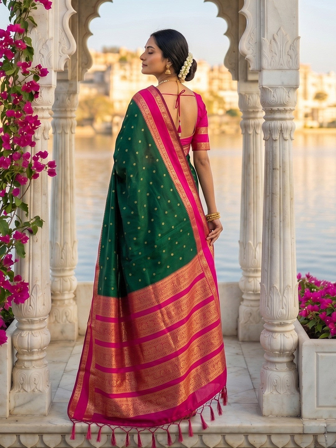 Green Cotton Silk Saree with Luxurious Golden Border Design - Image 4