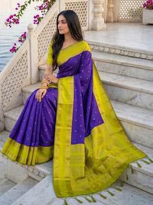 Elegant Navy Blue Cotton Silk Saree with Woven Zari Border - Image 2