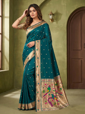 Classic Teal Zari Woven Banarasi Silk Paithani Saree With Floral Border & Parrot Motif Pallu - Image 1
