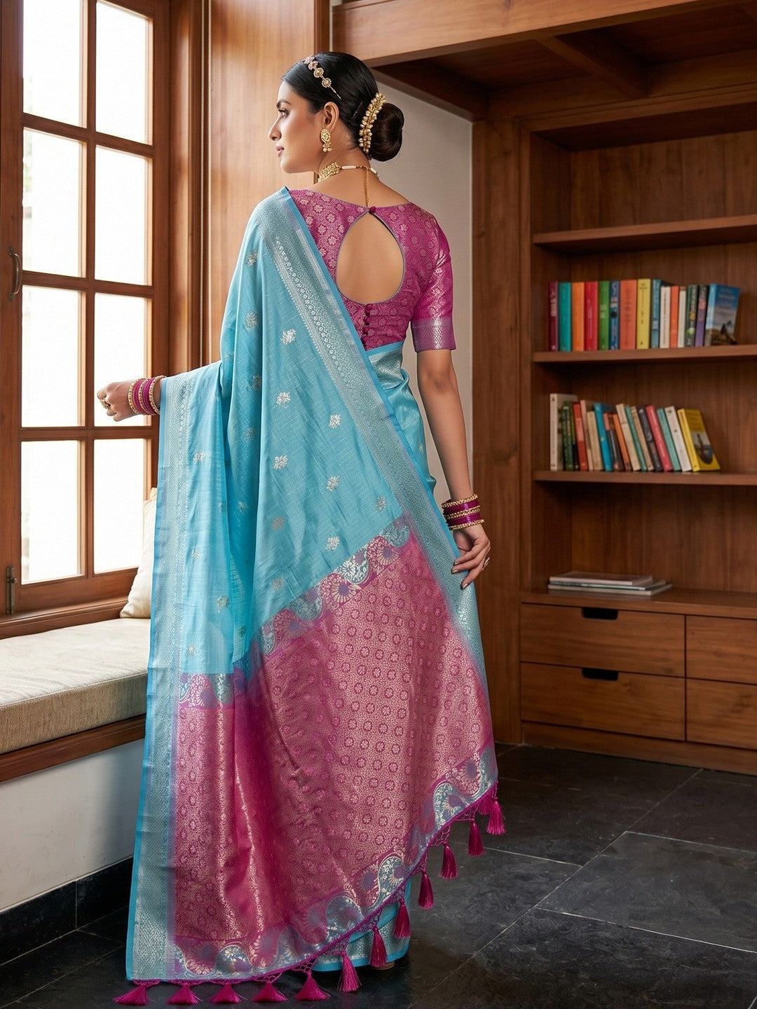 Traditional Blue Cotton Silk Saree with Timeless Zari Elegance - Image 3