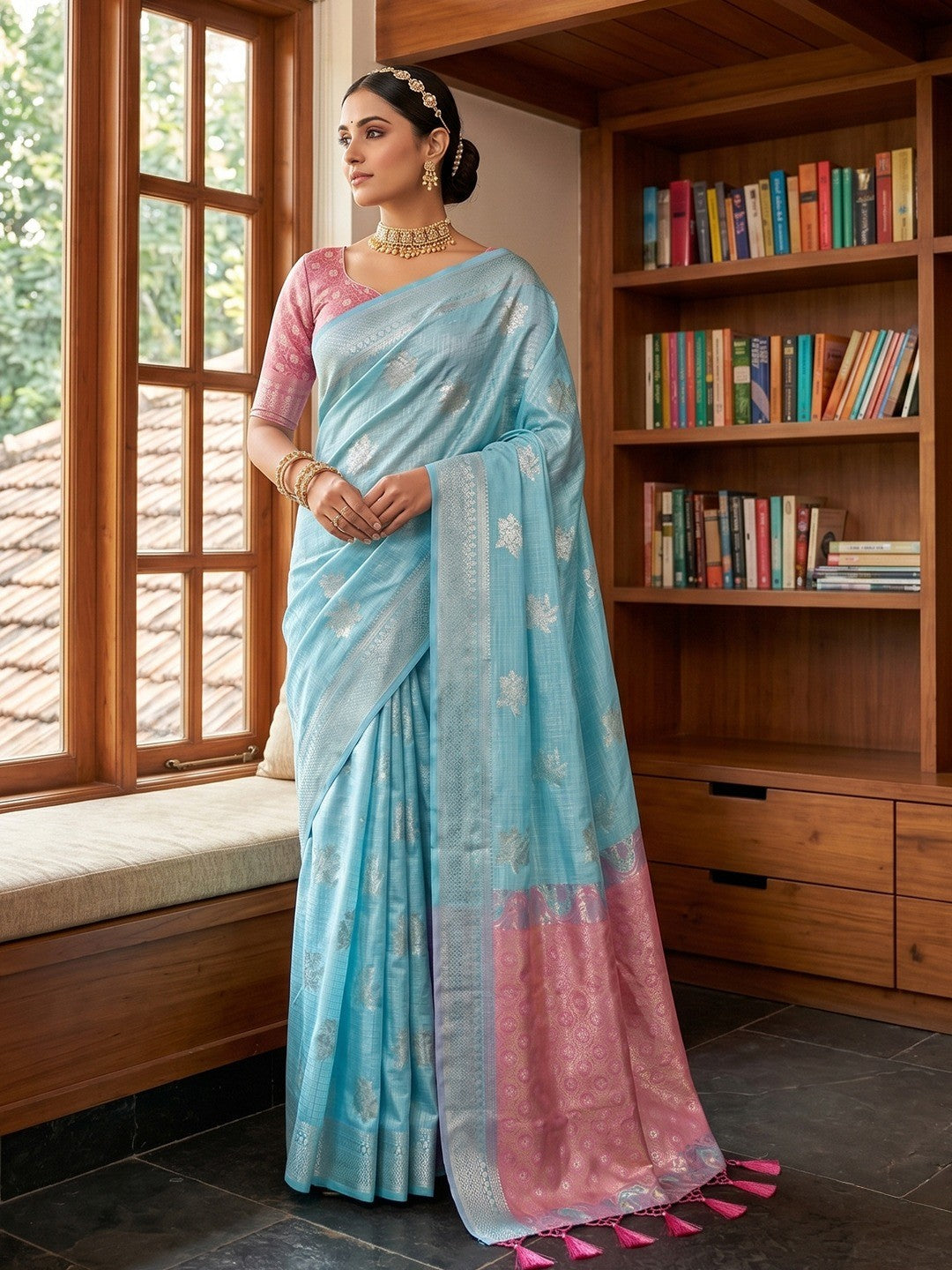 Traditional Blue Cotton Silk Saree with Timeless Zari Elegance - Image 2