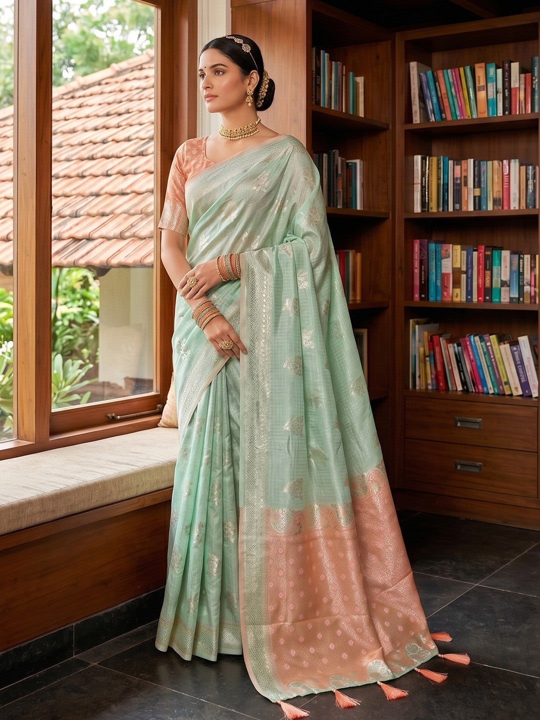 Pale Rama Green Cotton Silk Saree with Traditional Golden Zari Border - Image 4