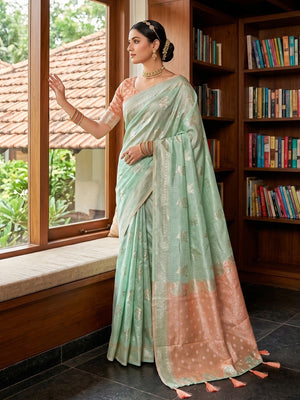 Pale Rama Green Cotton Silk Saree with Traditional Golden Zari Border - Image 2