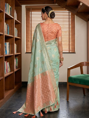 Pale Rama Green Cotton Silk Saree with Traditional Golden Zari Border - Image 2
