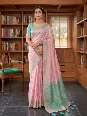 Elegant Pink Cotton Silk Saree with Woven Zari Work and Contrast Border - Image 2