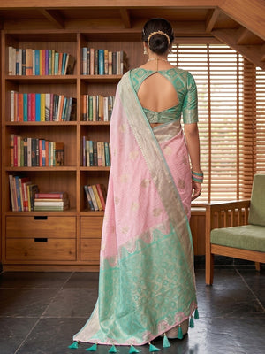 Elegant Pink Cotton Silk Saree with Woven Zari Work and Contrast Border - Image 2