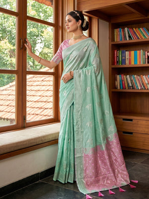 Traditional Sea Green Cotton Silk Saree with Rich Ethnic Weaving - Image 2