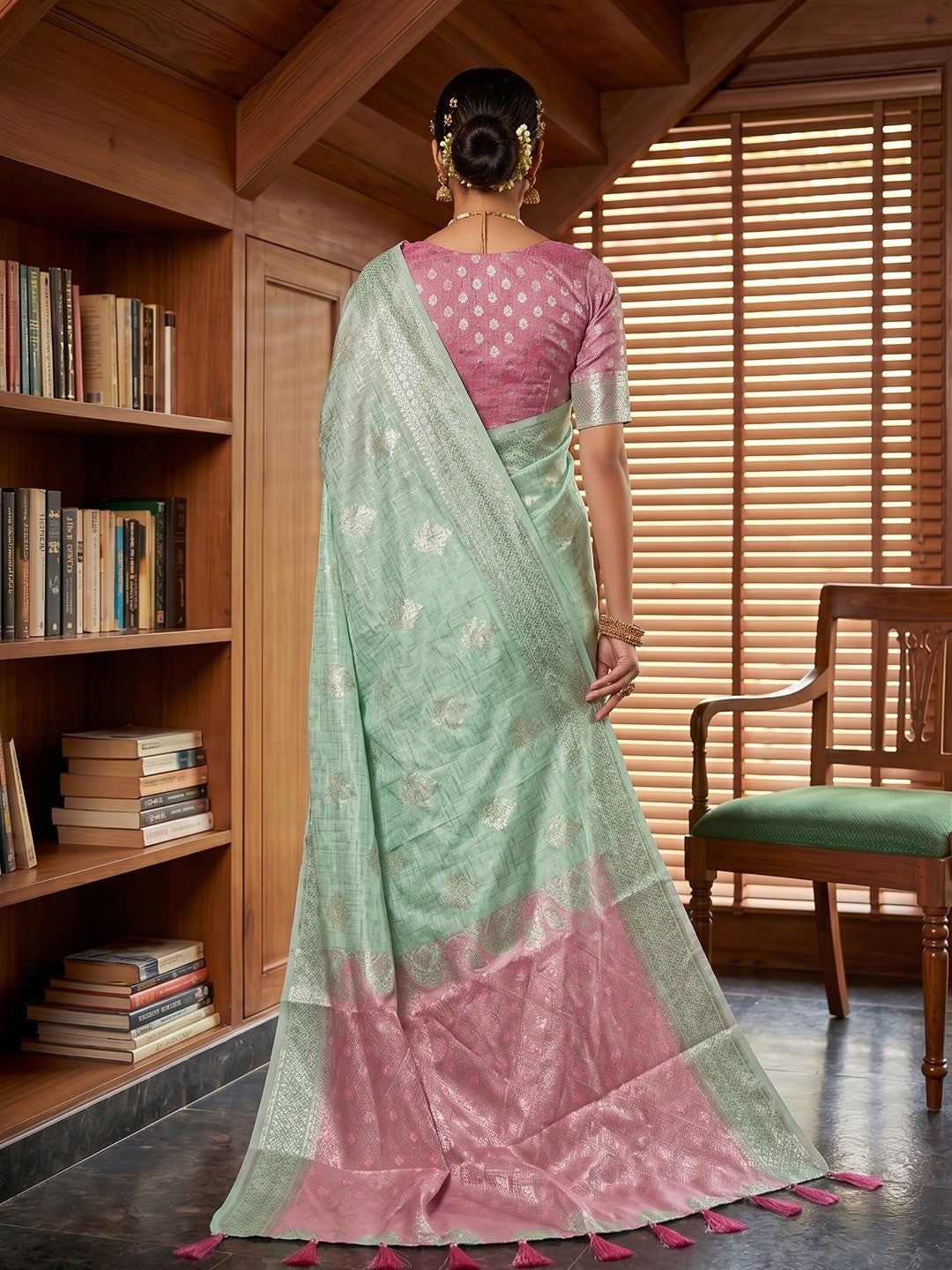 Traditional Sea Green Cotton Silk Saree with Rich Ethnic Weaving - Image 3