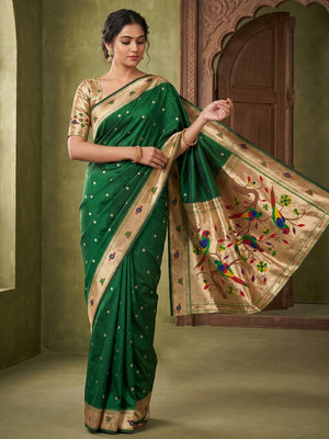 Classic Green Zari Woven Banarasi Silk Paithani Saree With Floral Border & Parrot Motif Pallu - Image 1