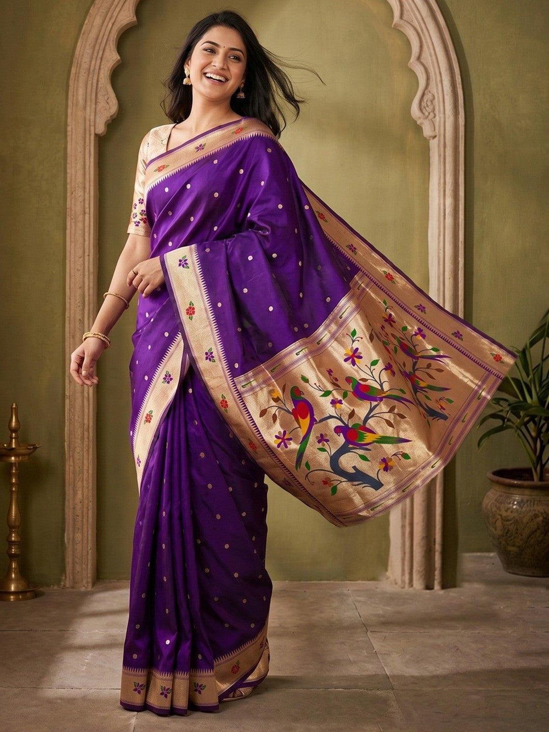 Classic Violet Zari Woven Banarasi Silk Paithani Saree With Floral Border & Parrot Motif Pallu - Image 1