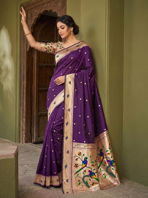 Classic Purple Zari Woven Banarasi Silk Paithani Saree With Floral Border & Parrot Motif Pallu - Image 1