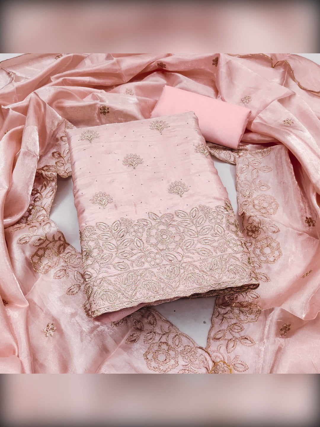 Graceful Peach Jimmy Choo Silk Blend Dress Material Featuring Floral Embroidery & Swarovski Work - Image 4