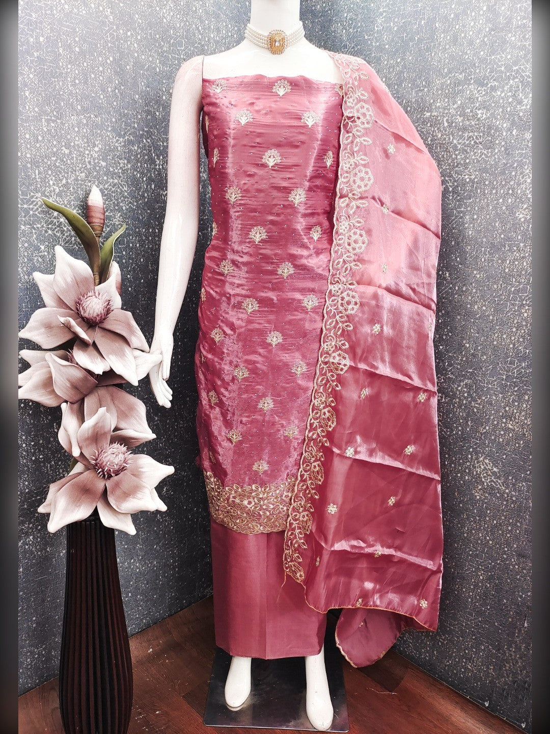 Graceful Pink Jimmy Choo Silk Blend Dress Material Featuring Floral Embroidery & Swarovski Work - Image 6